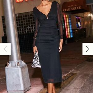 Anthropologie Black Ruched V-Neck Long-Sleeve Midi Dress